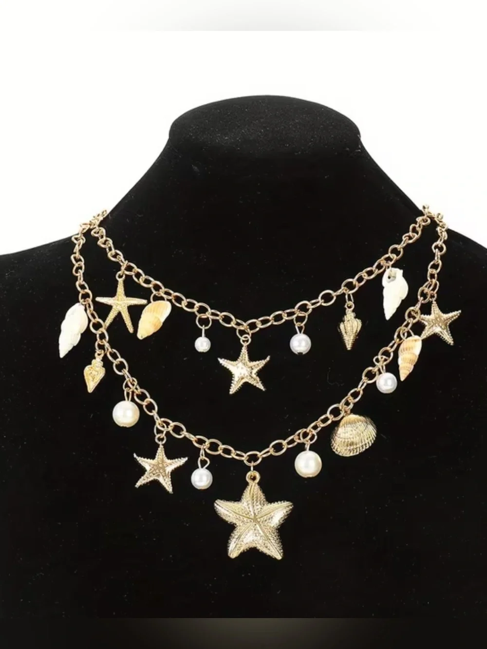 Gold Toned Seashell & Starfish Layered Necklace with Pearls